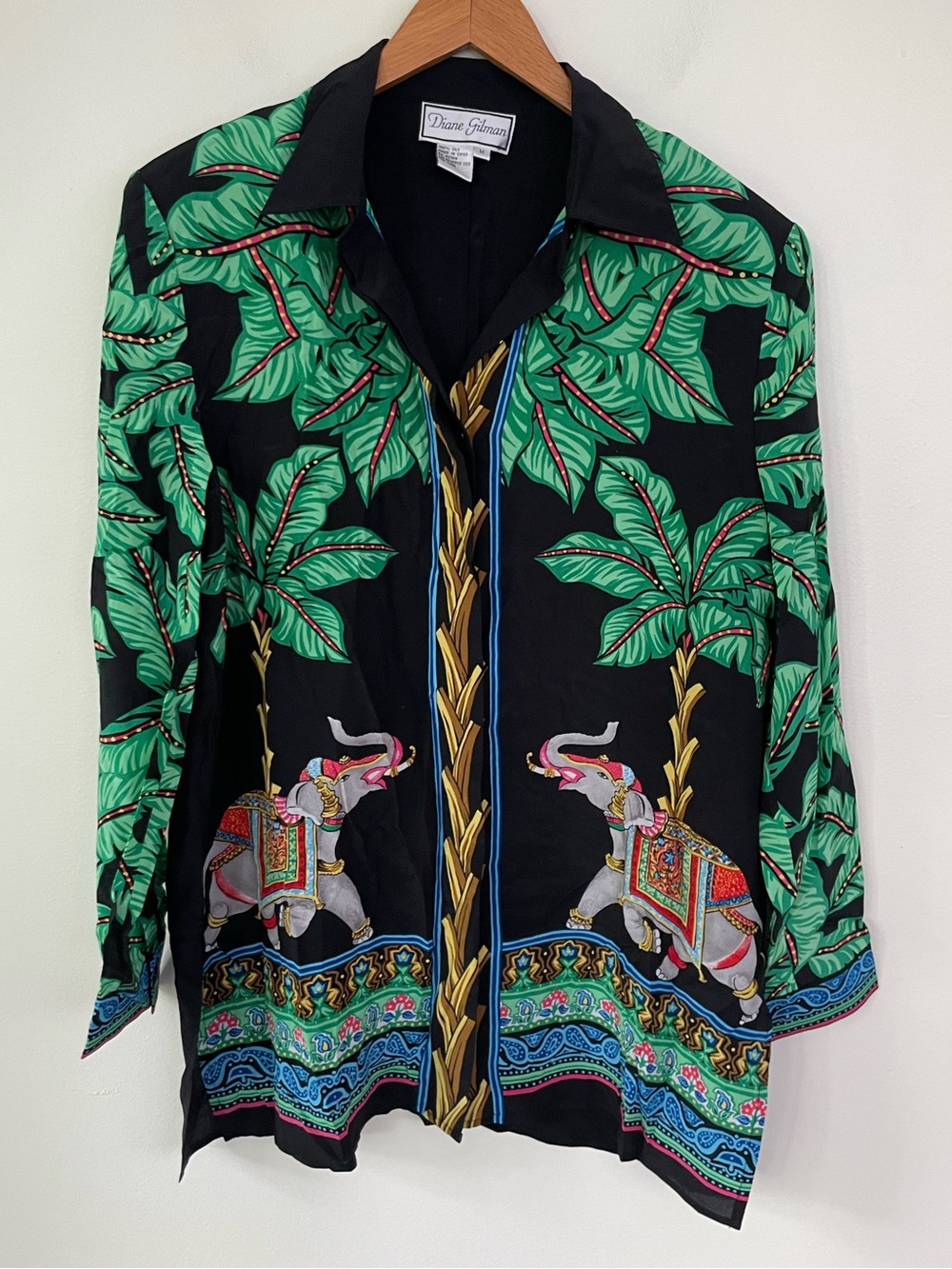 NWT 100% Silk Diane Gilman Elephant Tropical Long Sleeve Button Up M Medium